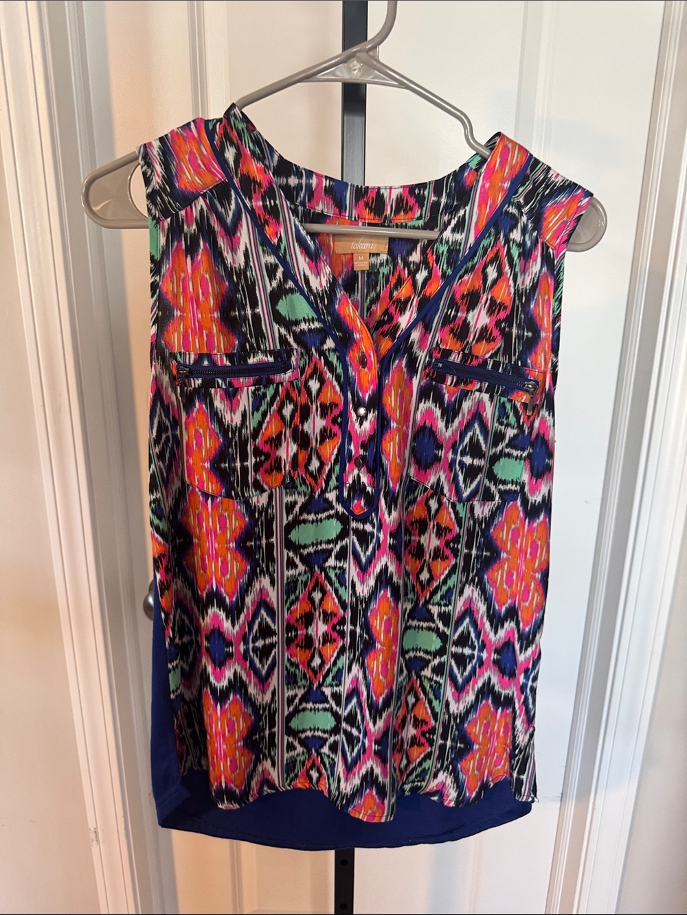 Takara Multicolor Ikat Print Sleeveless Camisole with Navy Trim